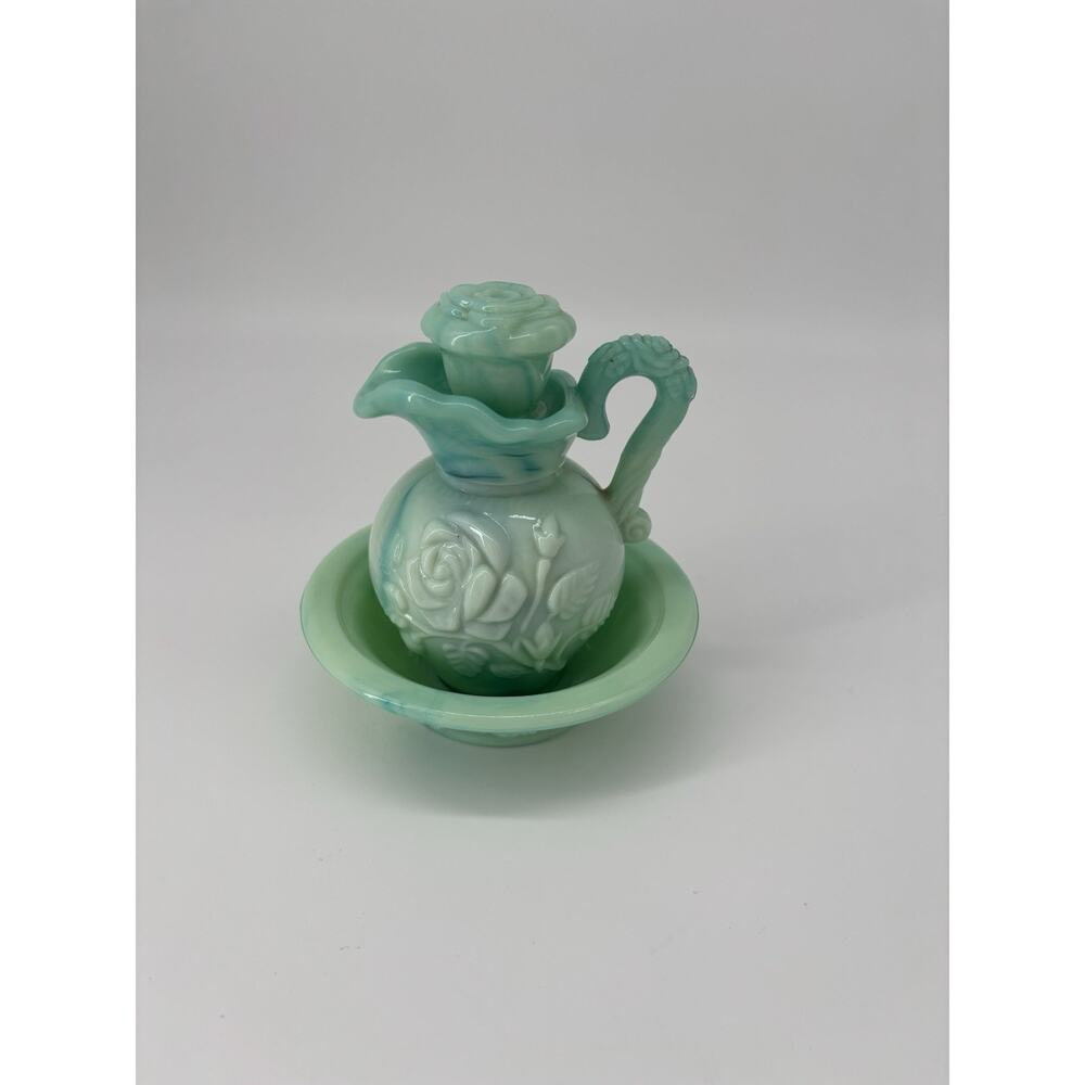 Vintage AVON Jadeite Green Pitcher & Bowl Set Rose Stopper 5.5”